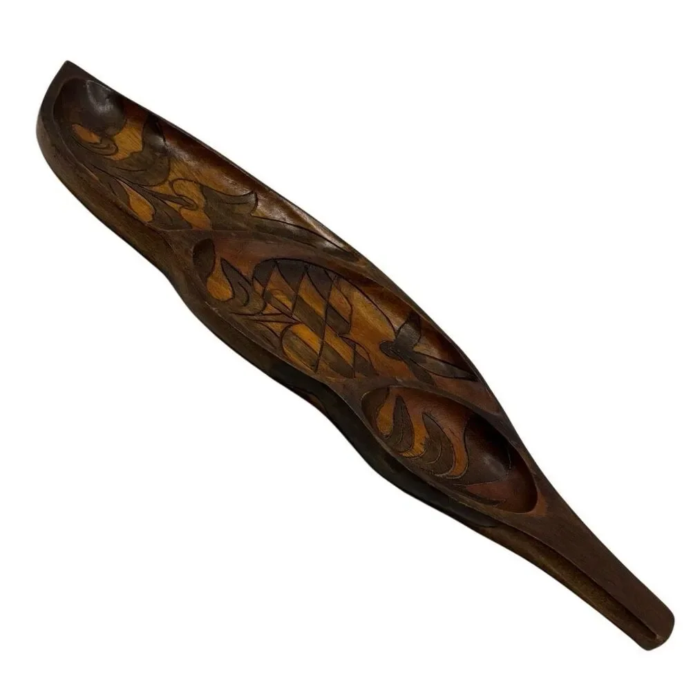Vintage Monkey Pod Wood Leaf Serving Dish – 3 Section Hand-Carved Pineapple Tray